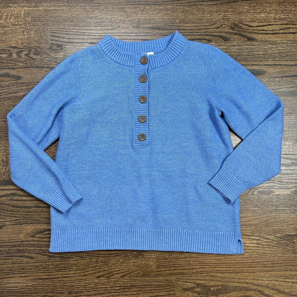 Pure‎ Jill Sweater Womens Medium Blue Henley Marl Knit Cotton Blend Pullover